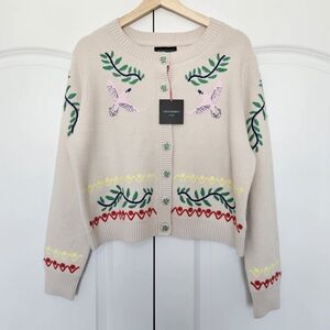 Cynthia Rowley Embroidered Bird Folk Cardigan Sweater NWT Size L
